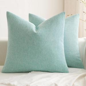 MIULEE Pack of 2 Decorative Farmhouse Linen Pillow Covers Rustic Boho Accent Outdoor Couch Throw Pillow Covers for Cushion Bed Sofa Living Room Home Decor 20×20 Inch Neutral(Aqua Green)