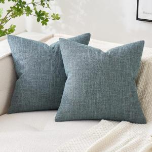 MIULEE Pack of 2 Decorative Linen Burlap Textured Pillow Covers Farmhouse Boho Accent Pillowcases Spring Home Decor for Couch Sofa Bedroom Living Room 18×18 Inch Light Olive Green(Grey Blue)