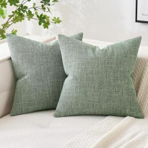 MIULEE Pack of 2 Decorative Linen Burlap Textured Pillow Covers Farmhouse Boho Accent Pillowcases Spring Home Decor for Couch Sofa Bedroom Living Room 18×18 Inch Light Olive Green(Sage Green)