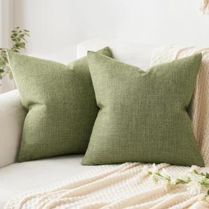 MIULEE Pack of 2 Decorative Linen Burlap Textured Pillow Covers Farmhouse Boho Accent Pillowcases Spring Home Decor for Couch Sofa Bedroom Living Room 18×18 Inch Light Olive Green(Light Olive Green)
