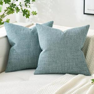 MIULEE Pack of 2 Decorative Linen Burlap Textured Pillow Covers Farmhouse Boho Accent Pillowcases Spring Home Decor for Couch Sofa Bedroom Living Room 18×18 Inch Light Olive Green(Teal)