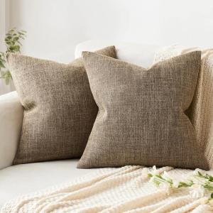 MIULEE Pack of 2 Decorative Linen Burlap Textured Pillow Covers Farmhouse Boho Accent Pillowcases Spring Home Decor for Couch Sofa Bedroom Living Room 18×18 Inch Light Olive Green(Brown)