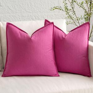 MIULEE Pack of 2 Decorative Linen Pillow Covers Boho Farmhouse Modern Soft Accent Throw Pillows Neutral Cushion Covers for Sofa Couch Bed Living Room Home Decor, 18×18 Inch Olive Green(Hot Pink)