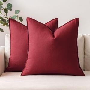 MIULEE Pack of 2 Decorative Linen Pillow Covers Boho Farmhouse Modern Soft Accent Throw Pillows Neutral Cushion Covers for Sofa Couch Bed Living Room Home Decor, 18×18 Inch Olive Green(Burgundy Red)