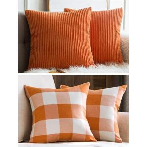 MIULEE Pack of 2 Fall Corduroy Pillow Covers Bundle Pack of 2 Fall Check Plaids Pillow Covers, 18 x18 Inch, Orange