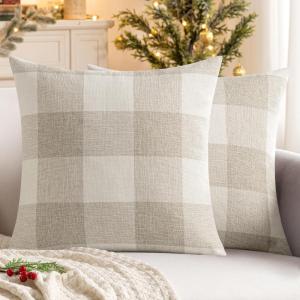MIULEE Pack of 2 Farmhouse Buffalo Check Plaids Polyester Linen Soft Soild Decorative Square Throw Pillow Covers Outdoor Home Decor Cushion Case for Sofa Bedroom 18×18 Inch Cream White and White(Cream White and White)
