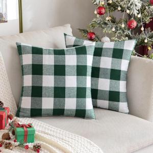 MIULEE Pack of 2 Farmhouse Buffalo Check Plaids Polyester Linen Soft Soild Decorative Square Throw Pillow Covers Outdoor Home Decor Cushion Case for Sofa Bedroom 18×18 Inch Cream White and White(White and Green)
