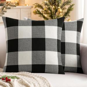 MIULEE Pack of 2 Farmhouse Buffalo Check Plaids Polyester Linen Soft Soild Decorative Square Throw Pillow Covers Outdoor Home Decor Cushion Case for Sofa Bedroom 18×18 Inch Cream White and White(Black and White)