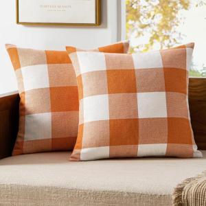 MIULEE Pack of 2 Farmhouse Buffalo Check Plaids Polyester Linen Soft Soild Decorative Square Throw Pillow Covers Outdoor Home Decor Cushion Case for Sofa Bedroom 18×18 Inch Cream White and White(Orange and White)