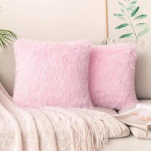 MIULEE Pack of 2 Luxury Faux Fur Throw Pillow Cover Deluxe Winter Decorative Plush Pillow Case Cushion Cover Shell for Sofa Bedroom Car 16 x 16 Inch Beige(Pink)