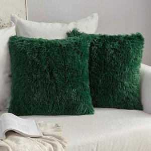 MIULEE Pack of 2 Luxury Faux Fur Throw Pillow Cover Deluxe Winter Decorative Plush Pillow Case Cushion Cover Shell for Sofa Bedroom Car 16 x 16 Inch Beige(Dark Green)