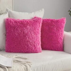 MIULEE Pack of 2 Luxury Faux Fur Throw Pillow Cover Deluxe Winter Decorative Plush Pillow Case Cushion Cover Shell for Sofa Bedroom Car 16 x 16 Inch Beige(Hot Pink)