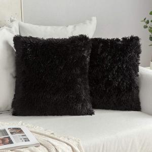 MIULEE Pack of 2 Luxury Faux Fur Throw Pillow Cover Deluxe Winter Decorative Plush Pillow Case Cushion Cover Shell for Sofa Bedroom Car 16 x 16 Inch Beige(Black)