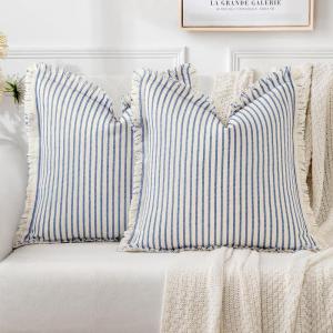 MIULEE Pack of 2 Rust Pillow Covers 26×26 Inch Striped Farmhouse Couch Throw Pillow Covers with Fringe Chic Linen Decorative Cushion Eruo Sham for Sofa Living Room Bed Outdoor Home Decor(Royal Blue)