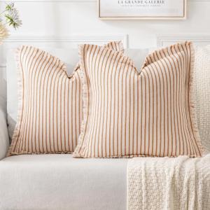 MIULEE Pack of 2 Rust Pillow Covers 26×26 Inch Striped Farmhouse Couch Throw Pillow Covers with Fringe Chic Linen Decorative Cushion Eruo Sham for Sofa Living Room Bed Outdoor Home Decor(Orange)