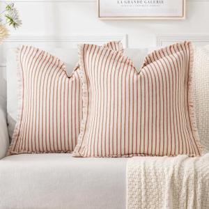 MIULEE Pack of 2 Rust Pillow Covers 26×26 Inch Striped Farmhouse Couch Throw Pillow Covers with Fringe Chic Linen Decorative Cushion Eruo Sham for Sofa Living Room Bed Outdoor Home Decor(Rust)