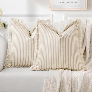 MIULEE Pack of 2 Rust Pillow Covers 26×26 Inch Striped Farmhouse Couch Throw Pillow Covers with Fringe Chic Linen Decorative Cushion Eruo Sham for Sofa Living Room Bed Outdoor Home Decor(Khaki)