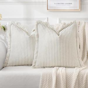 MIULEE Pack of 2 Rust Pillow Covers 26×26 Inch Striped Farmhouse Couch Throw Pillow Covers with Fringe Chic Linen Decorative Cushion Eruo Sham for Sofa Living Room Bed Outdoor Home Decor(Sage Green)