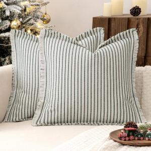 MIULEE Pack of 2 Rust Pillow Covers 26×26 Inch Striped Farmhouse Couch Throw Pillow Covers with Fringe Chic Linen Decorative Cushion Eruo Sham for Sofa Living Room Bed Outdoor Home Decor(Dark Green)