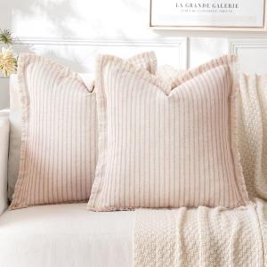 MIULEE Pack of 2 Rust Pillow Covers 26×26 Inch Striped Farmhouse Couch Throw Pillow Covers with Fringe Chic Linen Decorative Cushion Eruo Sham for Sofa Living Room Bed Outdoor Home Decor(Pink)