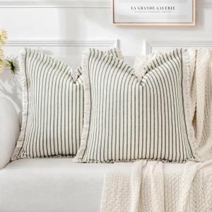 MIULEE Pack of 2 Rust Pillow Covers 26×26 Inch Striped Farmhouse Couch Throw Pillow Covers with Fringe Chic Linen Decorative Cushion Eruo Sham for Sofa Living Room Bed Outdoor Home Decor(Olive Green)