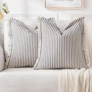 MIULEE Pack of 2 Rust Pillow Covers 26×26 Inch Striped Farmhouse Couch Throw Pillow Covers with Fringe Chic Linen Decorative Cushion Eruo Sham for Sofa Living Room Bed Outdoor Home Decor(Navy Blue)