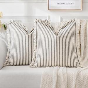 MIULEE Pack of 2 Rust Pillow Covers 26×26 Inch Striped Farmhouse Couch Throw Pillow Covers with Fringe Chic Linen Decorative Cushion Eruo Sham for Sofa Living Room Bed Outdoor Home Decor(Gray)