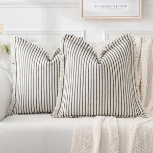 MIULEE Pack of 2 Rust Pillow Covers 26×26 Inch Striped Farmhouse Couch Throw Pillow Covers with Fringe Chic Linen Decorative Cushion Eruo Sham for Sofa Living Room Bed Outdoor Home Decor(Black)