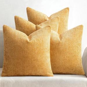 MIULEE Pack of 4 Couch Throw Pillow Covers 20×20 Inch Neutral Soft Decorative Chenille Pillow Covers Farmhouse Boho Cushion Covers for Mid Century Modern Home Decor Sofa Bedroom Living Room(Gold)