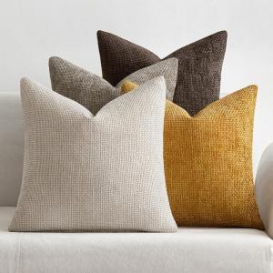 MIULEE Pack of 4 Couch Throw Pillow Covers 20×20 Inch Neutral Soft Decorative Chenille Pillow Covers Farmhouse Boho Cushion Covers for Mid Century Modern Home Decor Sofa Bedroom Living Room(Neutral Gold/Brown)
