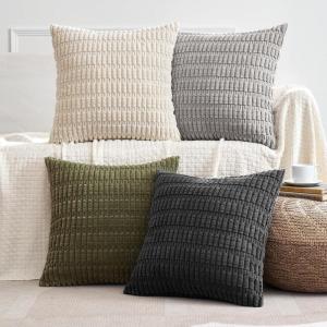 MIULEE Pack of 4 Fall Boho Farmhouse Orange Yellow Corduroy Decorative Throw Pillow Covers 18×18 Inch Soft Striped Pillow Covers Modern Rustic Home Decor for Sofa Living Room Couch Bed(Grey and Olive)