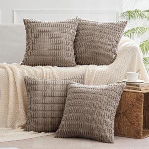 MIULEE Pack of 4 Fall Boho Farmhouse Orange Yellow Corduroy Decorative Throw Pillow Covers 18×18 Inch Soft Striped Pillow Covers Modern Rustic Home Decor for Sofa Living Room Couch Bed(Light Brown)