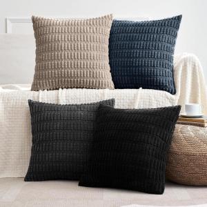 MIULEE Pack of 4 Fall Boho Farmhouse Orange Yellow Corduroy Decorative Throw Pillow Covers 18×18 Inch Soft Striped Pillow Covers Modern Rustic Home Decor for Sofa Living Room Couch Bed(Black and Blue)