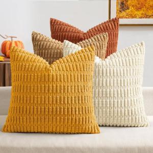 MIULEE Pack of 4 Fall Boho Farmhouse Orange Yellow Corduroy Decorative Throw Pillow Covers 18×18 Inch Soft Striped Pillow Covers Modern Rustic Home Decor for Sofa Living Room Couch Bed(Camel)