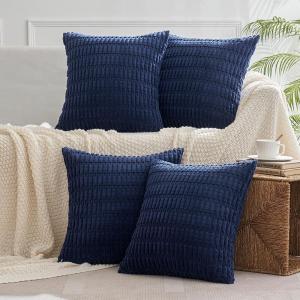 MIULEE Pack of 4 Fall Boho Farmhouse Orange Yellow Corduroy Decorative Throw Pillow Covers 18×18 Inch Soft Striped Pillow Covers Modern Rustic Home Decor for Sofa Living Room Couch Bed(Dark Blue)