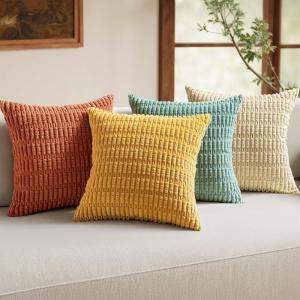 MIULEE Pack of 4 Fall Boho Farmhouse Orange Yellow Corduroy Decorative Throw Pillow Covers 18×18 Inch Soft Striped Pillow Covers Modern Rustic Home Decor for Sofa Living Room Couch Bed(Orange Teal)