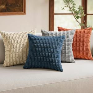 MIULEE Pack of 4 Fall Boho Farmhouse Orange Yellow Corduroy Decorative Throw Pillow Covers 18×18 Inch Soft Striped Pillow Covers Modern Rustic Home Decor for Sofa Living Room Couch Bed(Blue and Orange)