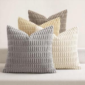 MIULEE Pack of 4 Fall Boho Farmhouse Orange Yellow Corduroy Decorative Throw Pillow Covers 18×18 Inch Soft Striped Pillow Covers Modern Rustic Home Decor for Sofa Living Room Couch Bed(Neutral)