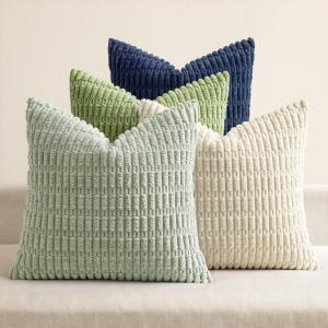 MIULEE Pack of 4 Fall Boho Farmhouse Orange Yellow Corduroy Decorative Throw Pillow Covers 18×18 Inch Soft Striped Pillow Covers Modern Rustic Home Decor for Sofa Living Room Couch Bed(Green Blue)