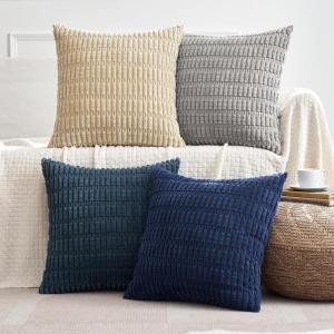 MIULEE Pack of 4 Fall Boho Farmhouse Orange Yellow Corduroy Decorative Throw Pillow Covers 18×18 Inch Soft Striped Pillow Covers Modern Rustic Home Decor for Sofa Living Room Couch Bed(Blue and Brown)