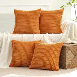 MIULEE Pack of 4 Fall Boho Farmhouse Orange Yellow Corduroy Decorative Throw Pillow Covers 18×18 Inch Soft Striped Pillow Covers Modern Rustic Home Decor for Sofa Living Room Couch Bed(Burnt Orange)