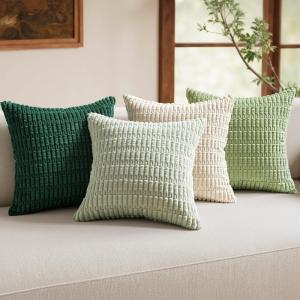 MIULEE Pack of 4 Fall Boho Farmhouse Orange Yellow Corduroy Decorative Throw Pillow Covers 18×18 Inch Soft Striped Pillow Covers Modern Rustic Home Decor for Sofa Living Room Couch Bed(Green)
