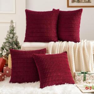 MIULEE Pack of 4 Fall Boho Farmhouse Orange Yellow Corduroy Decorative Throw Pillow Covers 18×18 Inch Soft Striped Pillow Covers Modern Rustic Home Decor for Sofa Living Room Couch Bed(Wine Red)