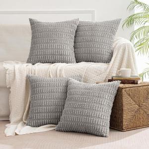 MIULEE Pack of 4 Fall Boho Farmhouse Orange Yellow Corduroy Decorative Throw Pillow Covers 18×18 Inch Soft Striped Pillow Covers Modern Rustic Home Decor for Sofa Living Room Couch Bed(Light Grey)
