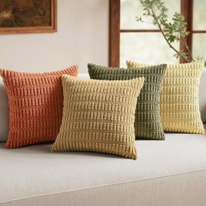 MIULEE Pack of 4 Fall Boho Farmhouse Orange Yellow Corduroy Decorative Throw Pillow Covers 18×18 Inch Soft Striped Pillow Covers Modern Rustic Home Decor for Sofa Living Room Couch Bed(Brown Green)