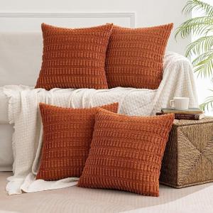 MIULEE Pack of 4 Fall Boho Farmhouse Orange Yellow Corduroy Decorative Throw Pillow Covers 18×18 Inch Soft Striped Pillow Covers Modern Rustic Home Decor for Sofa Living Room Couch Bed(Rust)