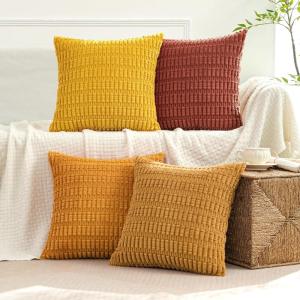 MIULEE Pack of 4 Fall Boho Farmhouse Orange Yellow Corduroy Decorative Throw Pillow Covers 18×18 Inch Soft Striped Pillow Covers Modern Rustic Home Decor for Sofa Living Room Couch Bed(Orange-yellow)