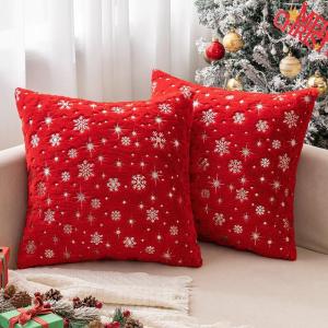 MIULEE Set of 2 Christmas Decorative Throw Pillow Covers Soft Faux Fur Winter Pillow Covers with Silver Snowflake Glitter Holiday Festival Pillowcases for Couch Sofa Bed, 18×18inch, Red(Red)
