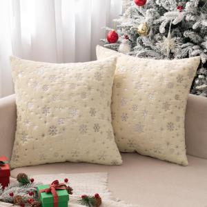 MIULEE Set of 2 Christmas Decorative Throw Pillow Covers Soft Faux Fur Winter Pillow Covers with Silver Snowflake Glitter Holiday Festival Pillowcases for Couch Sofa Bed, 18×18inch, Red(Beige)
