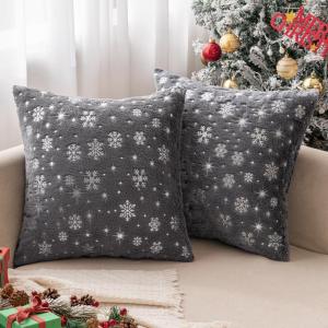 MIULEE Set of 2 Christmas Decorative Throw Pillow Covers Soft Faux Fur Winter Pillow Covers with Silver Snowflake Glitter Holiday Festival Pillowcases for Couch Sofa Bed, 18×18inch, Red(Grey)